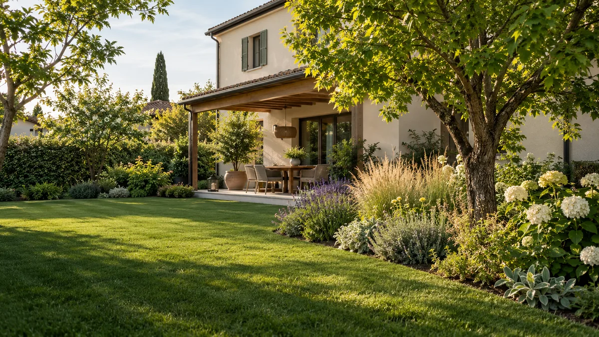 Immagine illustrativa di un giardino con prato e aiuole